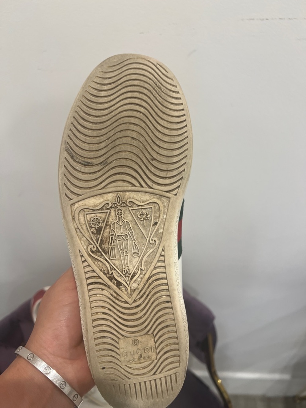 Gucci White Leather Sneakers with Red & Green Web and Gold Bee - Picture 3 of 4